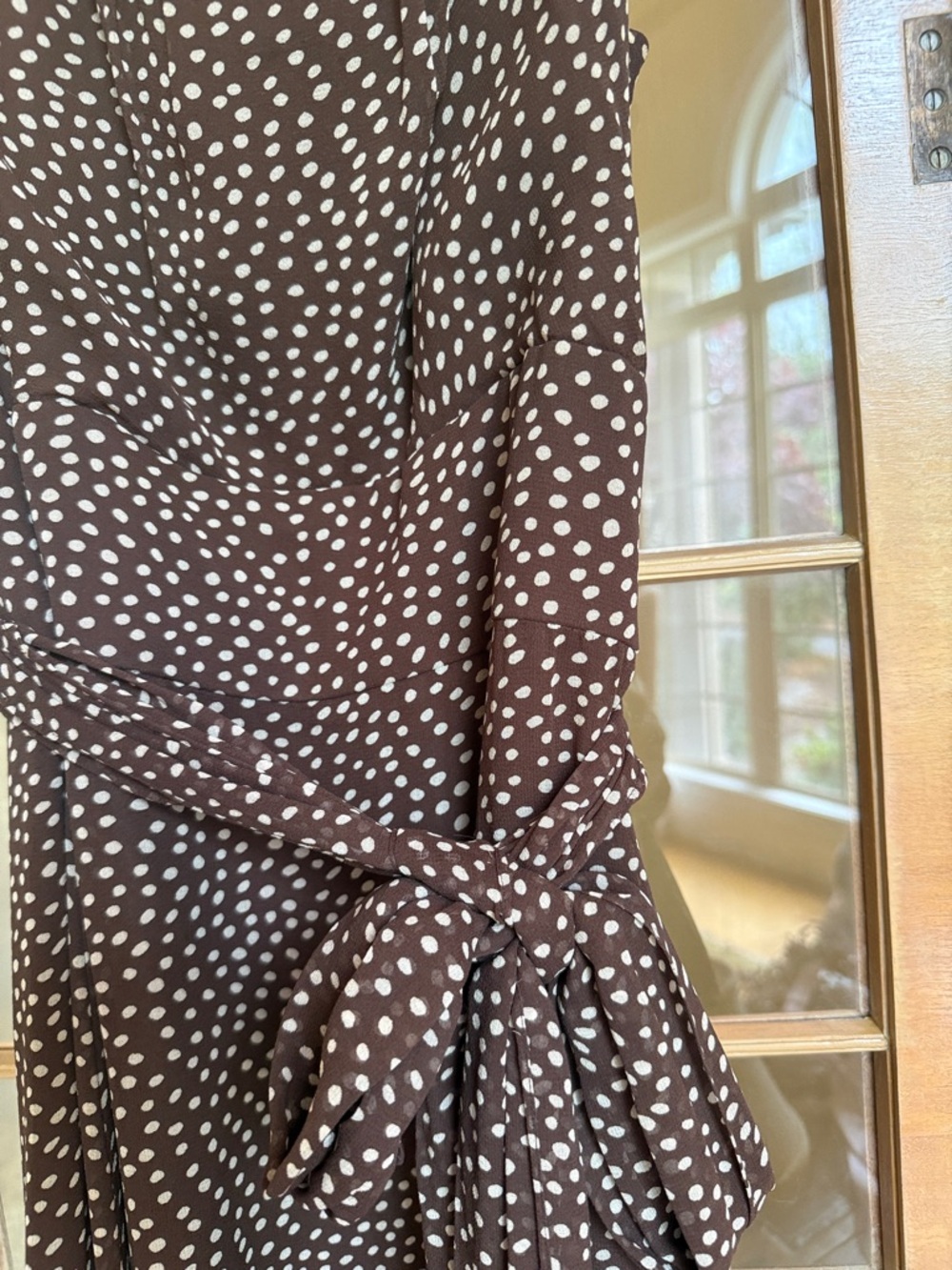 Sleeveless Brown Polka Dot Tie-Waist Maxi Dress - Picture 7 of 9